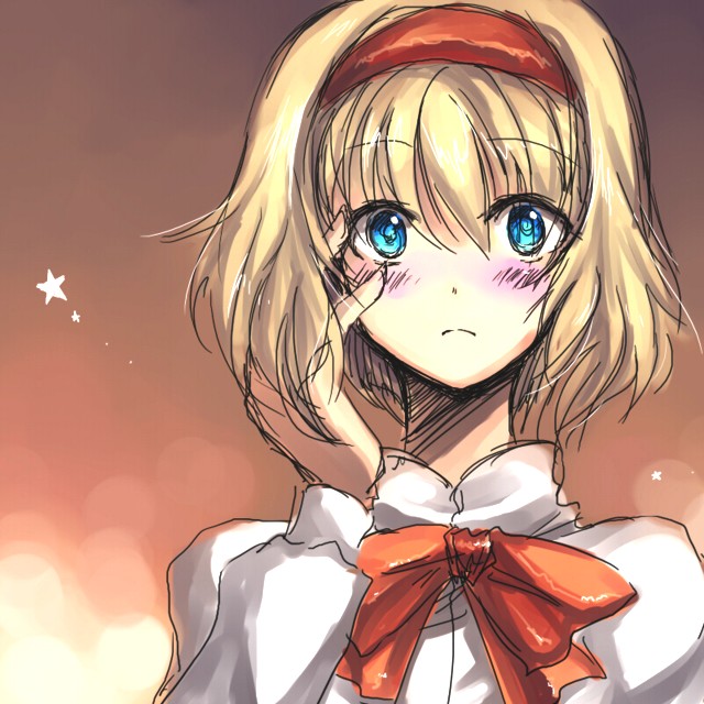alice_margatroid artist_request blonde_hair blue_eyes blurry blush depth_of_field hairband hand_on_own_cheek hand_on_own_face headband onimaru_gonpei ribbon short_hair sketch solo surprised touhou