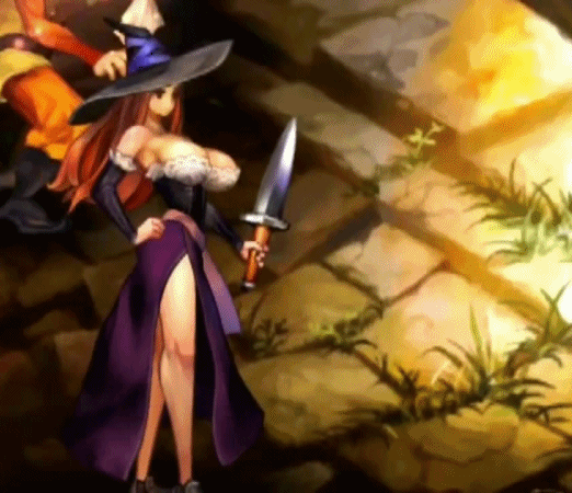 1girl animated animated_gif attack bare_legs bare_shoulders bounce bouncing_breasts breasts brown_hair cleavage curvy detached_sleeves dragon's_crown dress female full_body hat holding_weapon huge_breasts long_hair open_mouth outdoors shoes side_slit skirt solo_focus sorceress sorceress_(dragon's_crown) standing sword thighs throwing vanillaware weapon wide_hips witch_hat