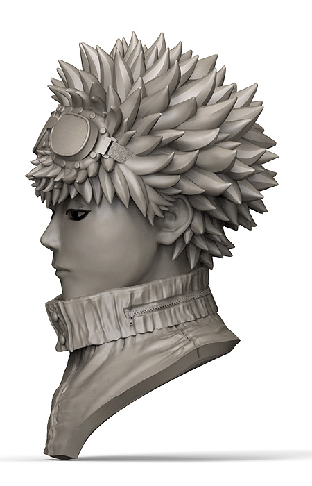 1boy 3d close-up closed_mouth collar emodeza_katuno eyeliner face from_side goggles jacket looking_at_viewer male_focus monochrome murata_mizuki muteki_no_hito portrait profile short_hair simple_background solo spiky_hair upper_body white_background