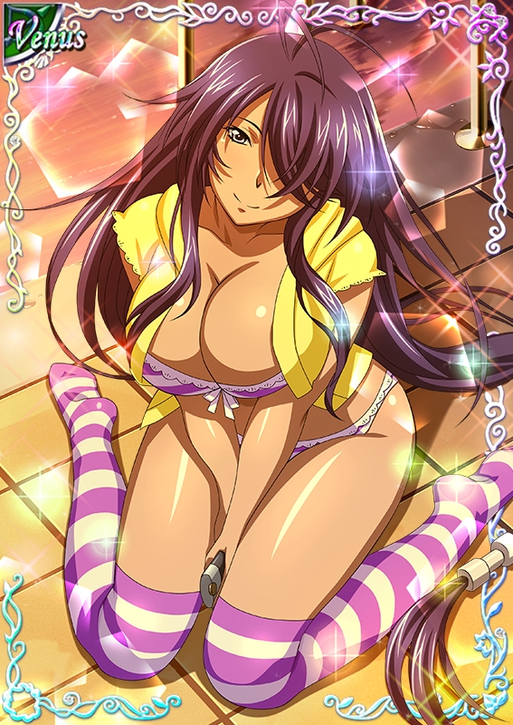 00s 1girl bra breasts card_(medium) cleavage female grey_eyes hair_over_one_eye hat ikkitousen kan'u_unchou large_breasts long_hair looking_at_viewer panties purple_hair sitting smile solo thigh-highs underwear