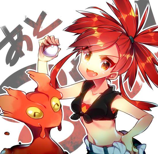 1girl asuna_(pokemon) breasts female gym_leader nintendo noni-nani pokemon ponytail redhead slugma smile