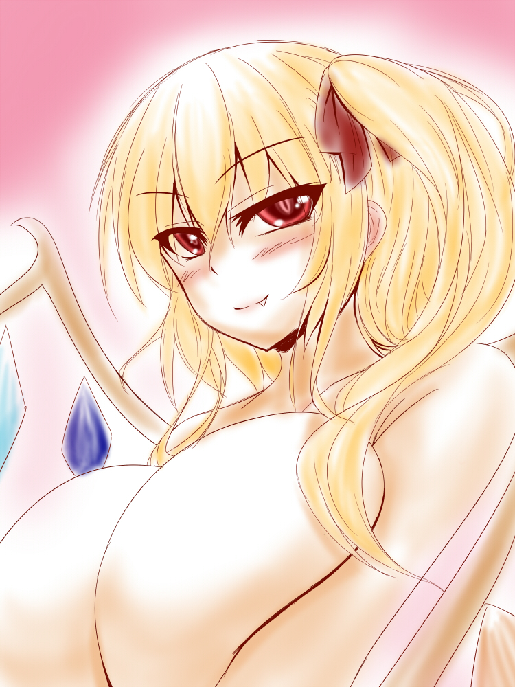 1girl breast_squeeze breasts fang flandre_scarlet huge_breasts looking_at_viewer older parmiria side_ponytail slit_pupils smile solo topless touhou vampire