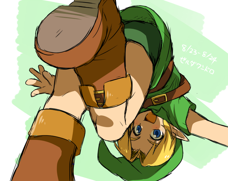 1boy bangs belt blonde_hair boots child from_below hat link male_focus nintendo open_mouth parted_bangs pointy_ears solo the_legend_of_zelda wafu_(wahoo) young_link