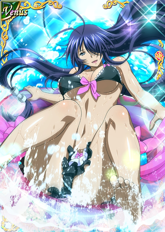 00s 1girl barefoot bikini black_bikini black_hair breasts card_(medium) cleavage female frilled_bikini frills hair_over_one_eye hat ikkitousen kan'u_unchou large_breasts long_hair looking_at_viewer low-tied_long_hair open_mouth purple_hair smile solo swimsuit tied_hair under_boob water