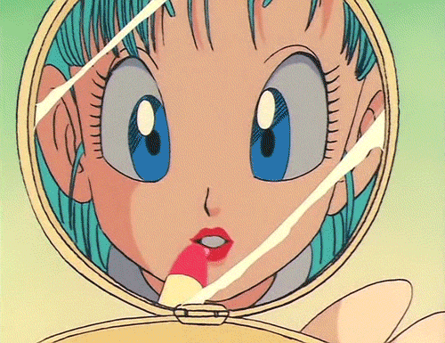 1girl animated animated_gif blue_eyes blue_hair bulma dragon_ball lipstick mirror
