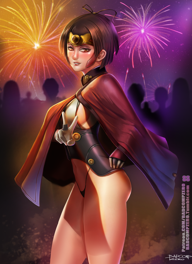 1girl badcompzero blush breasts brown_eyes brown_hair cape choker fireworks highleg highleg_panties japanese_clothes koutetsujou_no_kabaneri looking_at_viewer mumei_(kabaneri) panties ribbon short_hair sideboob smile solo underwear v watermark web_address