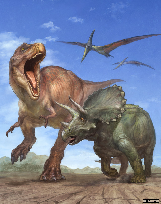 blue_sky clouds cloudy_sky dinosaur fangs flying forest g.river horns mountain no_humans open_mouth pteranodon reptile sky standing standing_on_one_leg tongue triceratops web_address