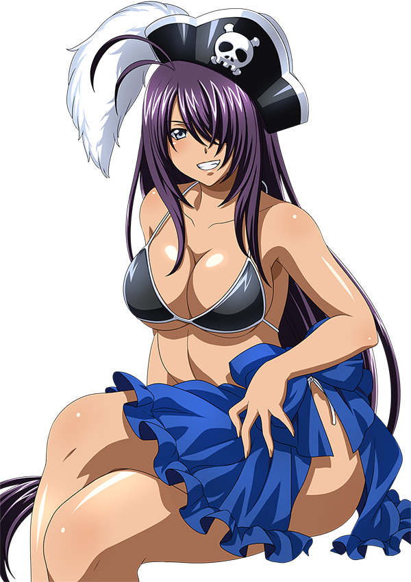 00s 1girl ass bare_shoulders bikini breasts cleavage female grin hair_over_one_eye hat ikkitousen kan'u_unchou large_breasts legs long_hair looking_at_viewer purple_hair sitting smile solo swimsuit