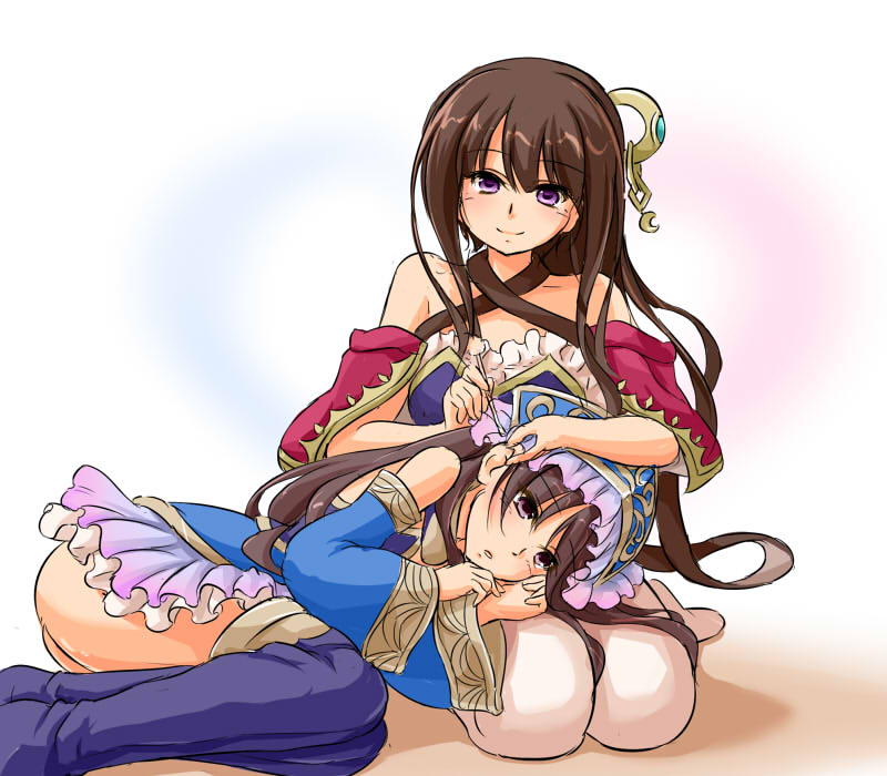 2girls aose_saratoga ass atelier_(series) atelier_meruru atelier_totori bare_shoulders blush boots brown_eyes brown_hair detached_sleeves ear_cleaning female hat headdress lap_pillow long_hair mimi_houllier_von_schwarzlang mimikaki multiple_girls parted_lips ponytail shiny shiny_hair smile thigh-highs thigh_boots totooria_helmold
