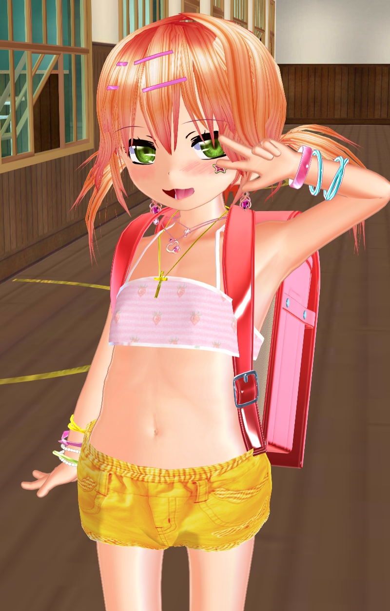 1girl 3d :3 armpits backpack bag character_request child female glasses-chan green_eyes indoors jewelry looking_at_viewer navel necklace open_mouth randoseru shiny shiny_hair solo tongue twintails v w