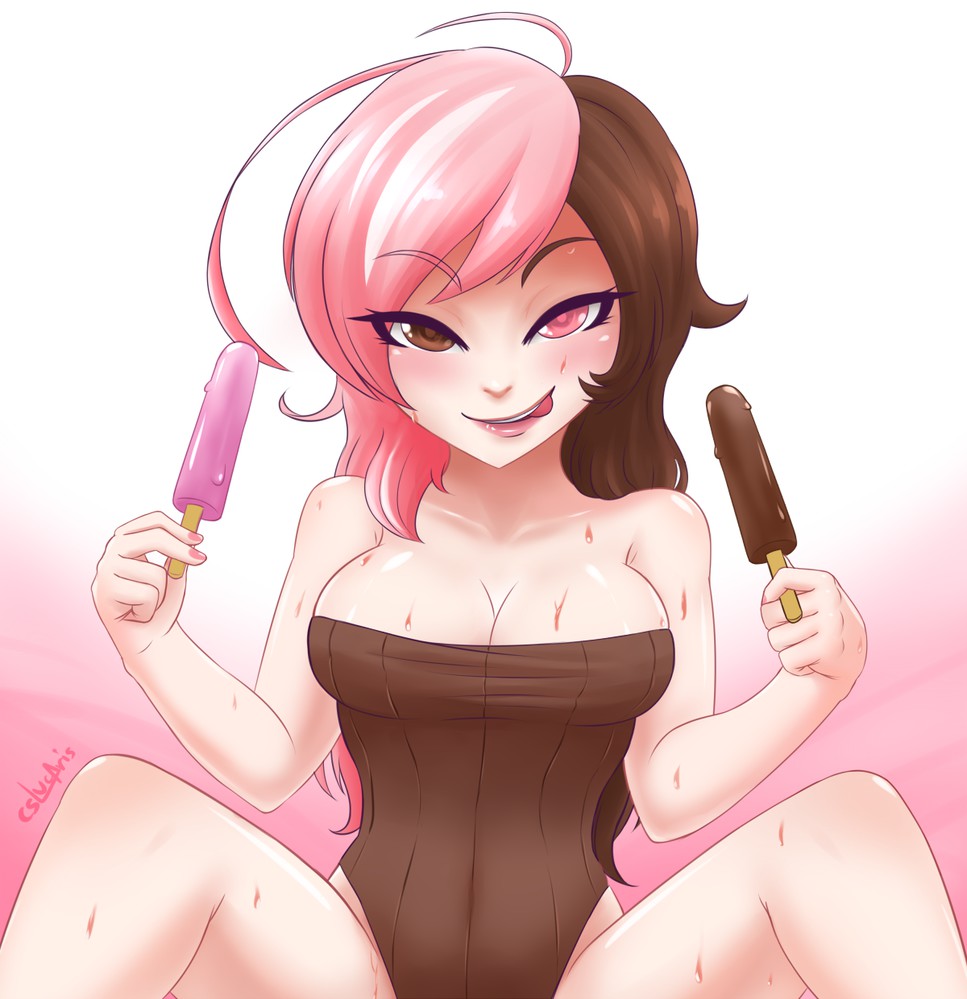 1girl biting breasts brown_eyes brown_hair cleavage cslucaris food heterochromia ice_cream lip_biting looking_at_viewer multicolored_hair naughty_face navel neo_(rwby) pink_eyes pink_hair rwby sexually_suggestive solo sweat tongue tongue_out
