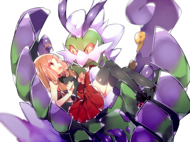 1girl black_footwear black_legwear carrying_person eye_contact female nintendo no_hat noni-nani pokemon pokemon_(creature) red_skirt serena_(pokemon) simple_background skirt smile tornadus tornadus_(therian) white_background yellow_eyes