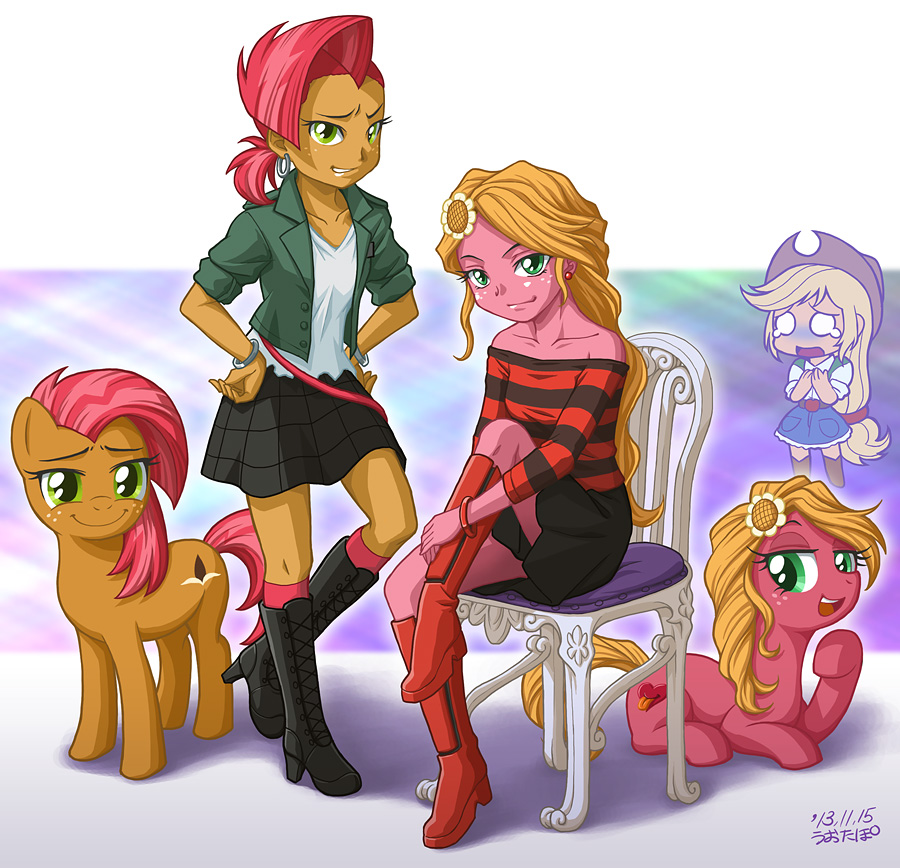 3girls applejack babs_seed dual_persona multiple_girls my_little_pony my_little_pony_equestria_girls my_little_pony_friendship_is_magic personification sunflower_(mlp) tagme uotapo