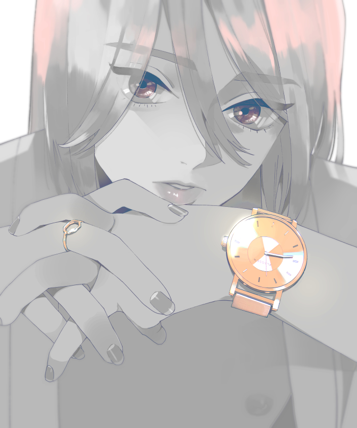 1boy androgynous bangs brown_eyes close-up fingernails hands head_rest jewelry leaning_forward lips looking_at_viewer male_focus muted_color nipples open_clothes original own_hands_together ring solo tmku watch