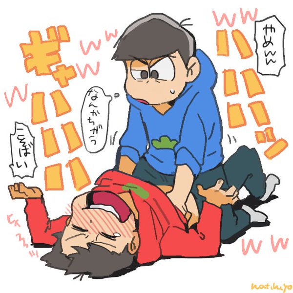 2boys black_hair blush bowl_cut brothers hatihito laughing lying matsuno_karamatsu matsuno_osomatsu midriff multiple_boys open_mouth osomatsu-san osomatsu_kun short_hair siblings sitting sitting_on_person socks tears tickle tickling