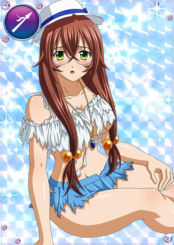 00s 1girl bare_legs breasts brown_hair card_(medium) female glasses green_eyes hat ikkitousen large_breasts long_hair looking_at_viewer ryuubi_gentoku shiny shiny_skin sitting solo