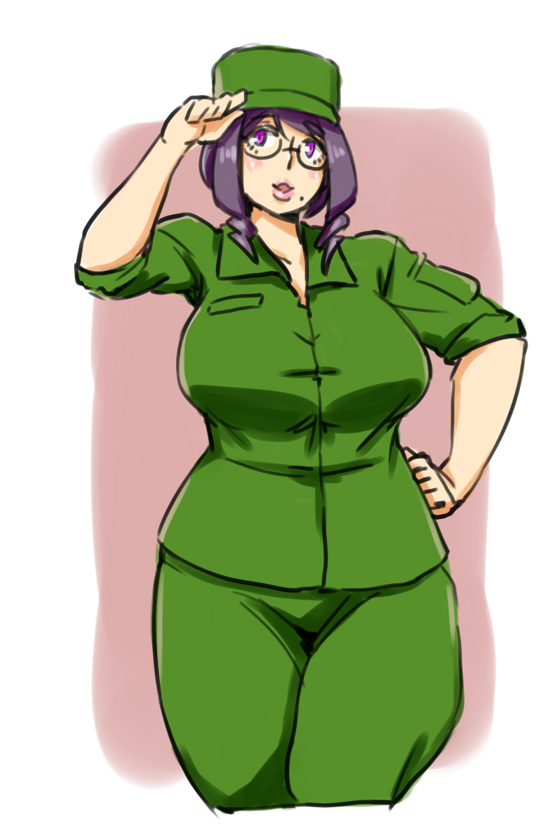 1girl glasses lips military military_uniform mole original purple_hair short_hair simple_background stand teatime_(mike) thick_thighs uniform violet_eyes