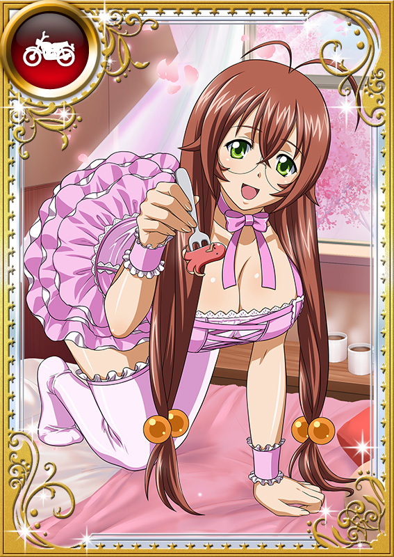 00s 1girl all_fours breasts brown_hair card_(medium) dress female foot glasses green_eyes ikkitousen large_breasts legs long_hair looking_at_viewer ryuubi_gentoku shiny shiny_skin skirt smile solo