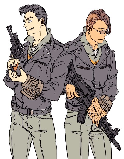 2boys black_hair brown_hair butch_deloria closed_mouth cowboy_shot fallout fallout_3 flat_color glasses gun half-closed_eyes jacket leather leather_jacket lone_wanderer male_focus multiple_boys original pants simple_background tan_skin weapon white_background y_(chos)