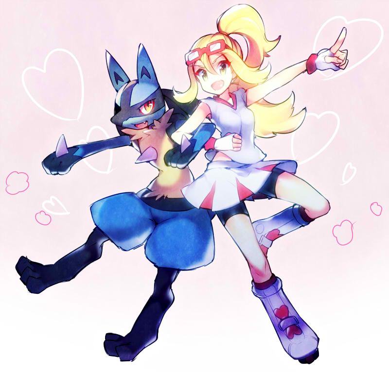 1girl artist_request female gym_leader koruni_(pokemon) lucario nintendo pokemon ponytail smile