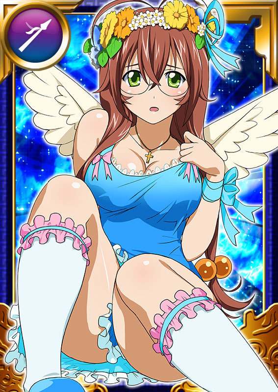 00s 1girl angel ass bare_legs breasts brown_hair card_(medium) female flower glasses green_eyes ikkitousen large_breasts long_hair looking_at_viewer ryuubi_gentoku shiny shiny_skin sitting solo wings