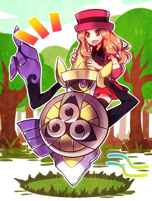 1girl aegislash female forest nintendo noni-nani pokemon serena_(pokemon) smile