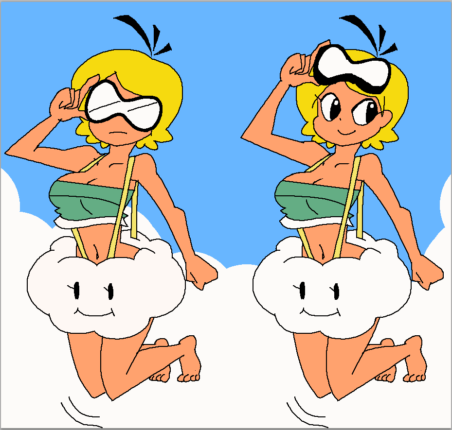 1girl aliasing black_eyes blonde_hair blue_background cleavage clouds goggles lakitu midriff minus8 navel short_hair simple_background sky smile solo super_mario_bros. suspenders tubetop