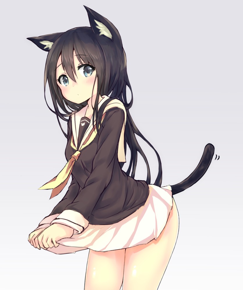 1girl animal_ears black_hair blue_eyes cat_tail cowboy_shot hair_between_eyes haishiki long_hair looking_at_viewer neckerchief nekomimi original pleated_skirt school_uniform serafuku simple_background skirt skirt_tug solo tail