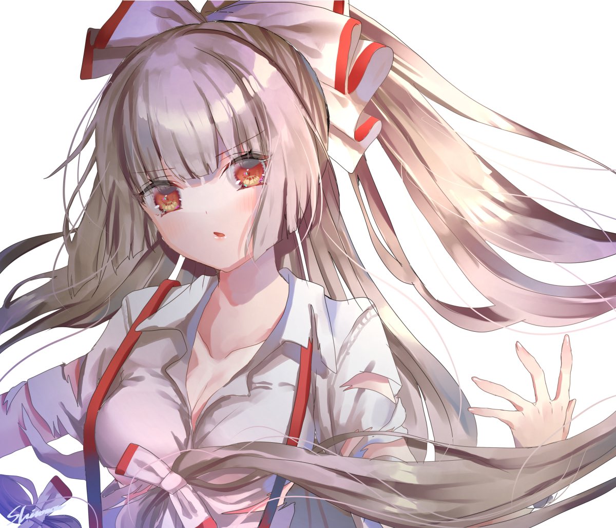1girl artist_name bangs blush bow breasts collar collared_shirt commentary eyebrows_visible_through_hair eyes_visible_through_hair fujiwara_no_mokou grey_hair hair_bow hand_up long_hair looking_at_viewer medium_breasts multicolored_bow open_mouth red_bow red_eyes shiromoru_(yozakura_rety) shirt short_sleeves simple_background solo touhou upper_body white_background white_bow white_shirt white_sleeves