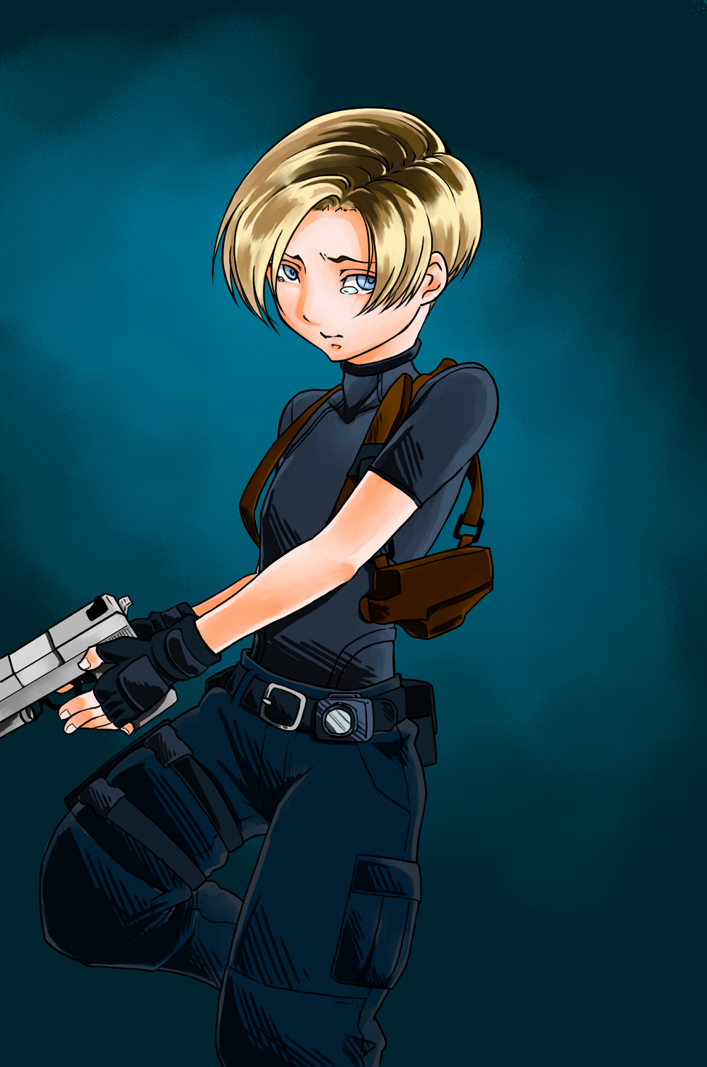 1girl blonde_hair blue_eyes breasts curtained_hair fingerless_gloves genderswap gloves gun handgun highres leon_s_kennedy resident_evil resident_evil_4 short_hair solo weapon