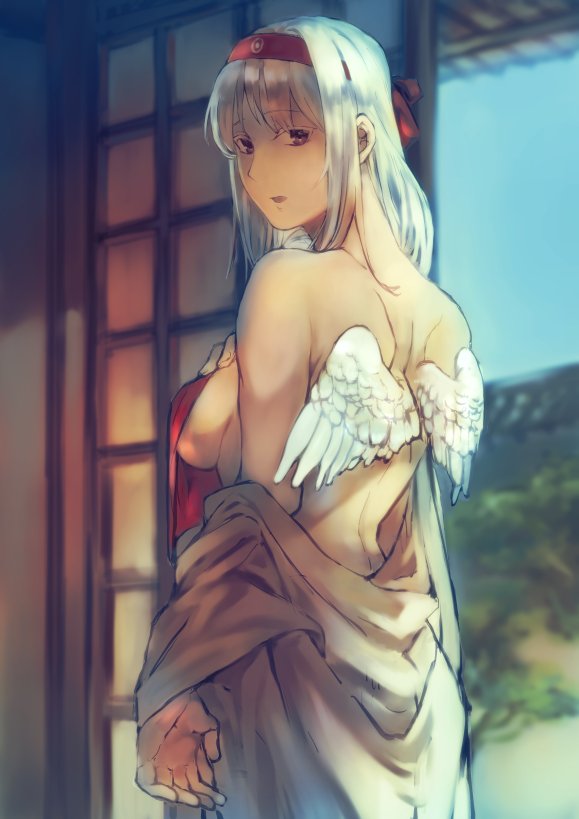 1girl architecture arm_at_side bangs bare_back blush breasts brown_eyes clothes_down clothes_removed covering covering_breasts cowboy_shot east_asian_architecture eaves feathered_wings from_behind fukazaki_(g425hw45) hachimaki hairband hand_on_own_chest headband indoors japanese_clothes kantai_collection kimono long_hair looking_at_viewer looking_back nape parted_lips shouji shoukaku_(kantai_collection) shoulder_blades sideboob sidelocks sliding_doors solo tree white_hair white_wings wings