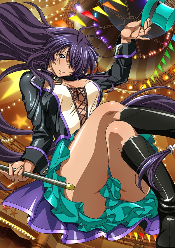 00s 1girl ass boots breasts cleavage female grey_eyes hair_over_one_eye hat ikkitousen kan'u_unchou large_breasts legs long_hair looking_at_viewer purple_hair skirt smile solo