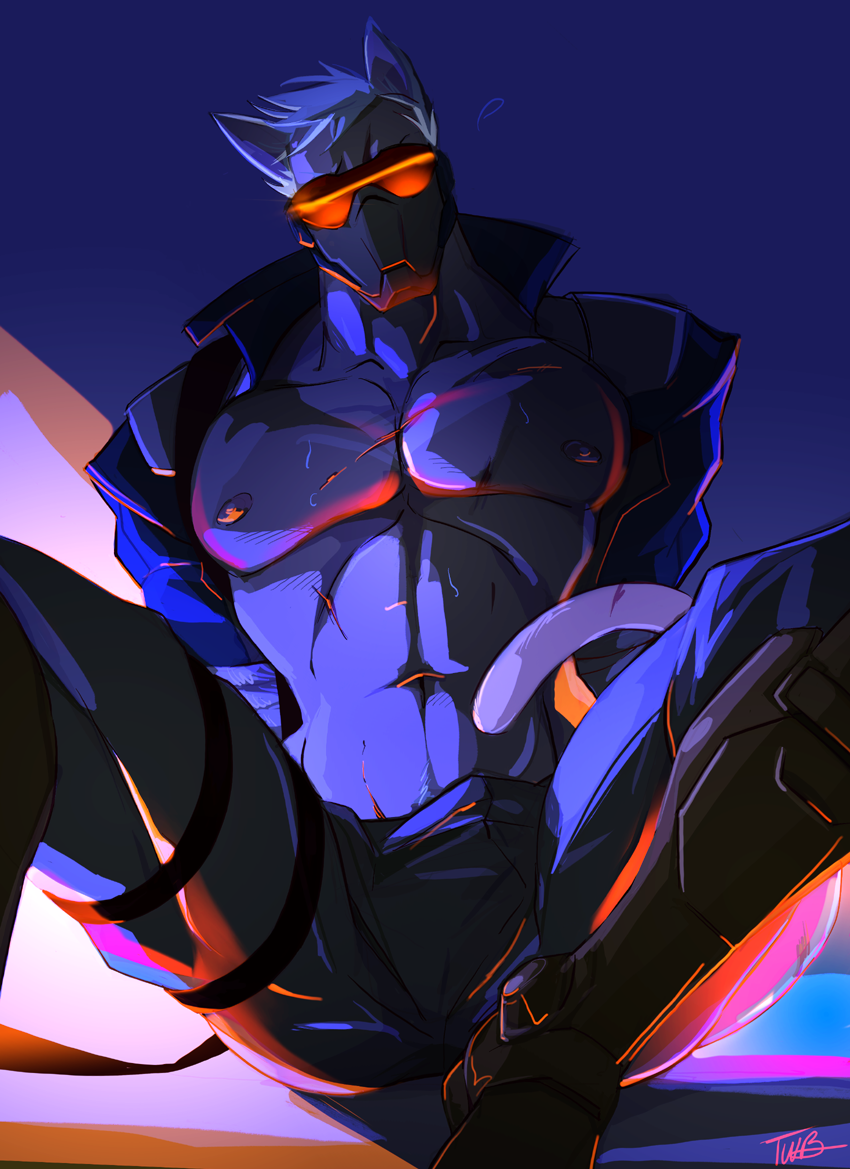 1boy animal_ears arms_behind_back blue_background bulge cat_ears cat_tail covered_face jacket kemonomimi_mode muscle nipples open_clothes open_jacket overwatch scar shirtless signature sitting soldier:_76_(overwatch) solo spread_legs sweat tail visor white_hair