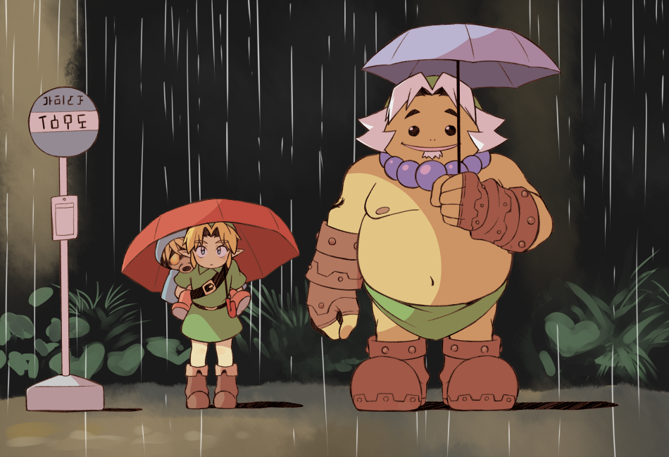 3boys blonde_hair bus_stop deku_link goron goron_link link multiple_boys multiple_persona nintendo parody pointy_ears rain the_legend_of_zelda the_legend_of_zelda:_majora's_mask tonari_no_totoro totoro totoro_bus_stop umbrella wafu_(wahoo) white_hair young_link