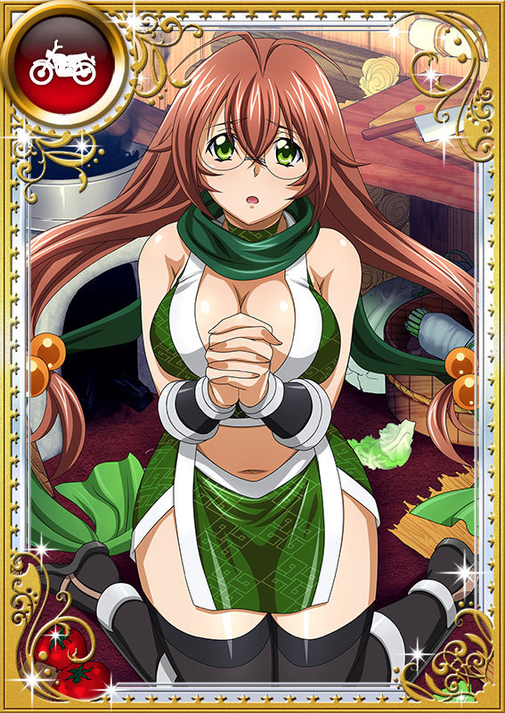 00s 1girl bed breasts brown_hair card_(medium) female glasses green_eyes ikkitousen kinja kunoichi large_breasts long_hair ryuubi_gentoku shiny shiny_skin