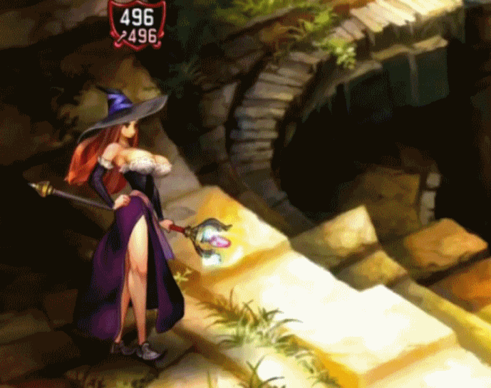 1girl animated animated_gif bare_legs bare_shoulders bounce bouncing_breasts breasts brown_hair casting cleavage curvy detached_sleeves dragon's_crown dress female full_body hat hips holding huge_breasts jumping lace legs long_hair long_skirt magic open_mouth outdoors shoes side_slit skirt solo sorceress sorceress_(dragon's_crown) staff standing thighs vanillaware wide_hips witch_hat