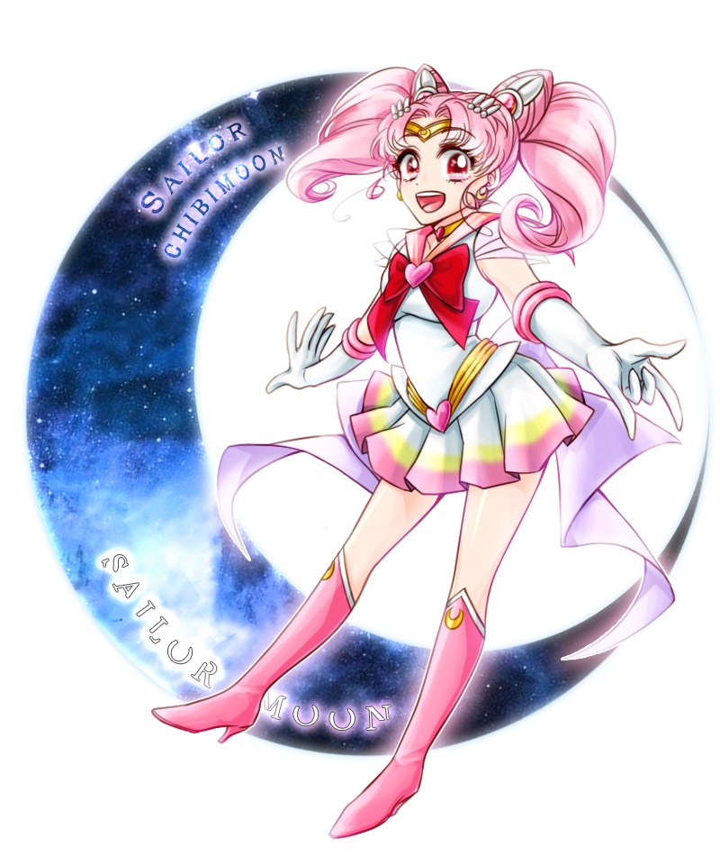 1girl :d \m/ bishoujo_senshi_sailor_moon boots bow brooch character_name chibi_usa choker copyright_name crescent crescent_earrings crescent_moon double_bun earrings elbow_gloves full_body gloves hair_ornament hairpin ike_(eun2ke) jewelry knee_boots looking_at_viewer magical_girl moon open_mouth pink_boots pink_hair pleated_skirt red_bow red_eyes sailor_chibi_moon sailor_collar short_hair skirt smile solo super_sailor_chibi_moon tiara twintails white_background white_gloves