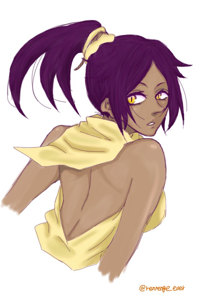 1girl back bare_shoulders bleach dark_skin exposed_shoulders high_ponytail looking_back open_clothes open_mouth purple_hair scarf shihouin_yoruichi slit_pupils tied_hair upper_body yellow_eyes