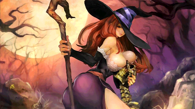 1girl animated animated_gif ass between_breasts between_buttocks breasts brown_hair cane character_name curvy dragon's_crown dress female hat holding huge_breasts lace long_hair looking_at_viewer moon outdoors skull slender_waist solo sorceress_(dragon's_crown) trees vanillaware witch_hat
