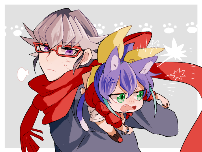 akaba_reiji angry blush cat_ears cat_tail chibi fang green_eyes long_hair nekomimi purple_hair serena_(yuu-gi-ou_arc-v) silver_hair tail yu-gi-oh! yuu-gi-ou_arc-v