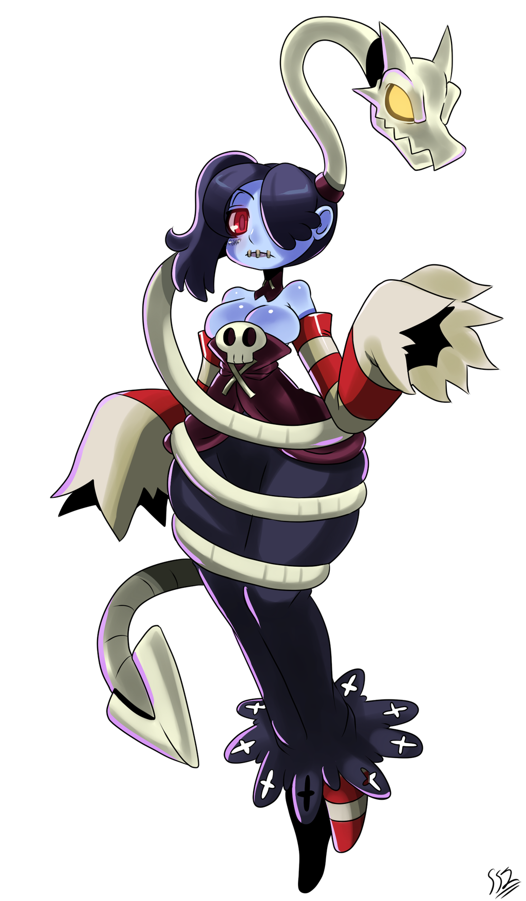 1girl bare_shoulders blue_skin breasts cleavage detached_collar detached_sleeves dress female hair_over_one_eye leviathan_(skullgirls) monster_girl red_eyes side_ponytail skullgirls squigly_(skullgirls) stitched_mouth stitches striped_legwear striped_sleeves yellow_eyes zombie