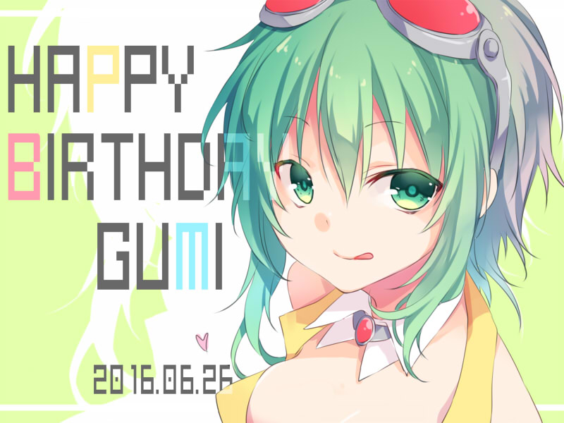 1girl 2016 :q bare_shoulders breasts brooch character_name closed_mouth colored_eyelashes dated detached_collar erect_nipples eyebrows eyebrows_visible_through_hair gem goggles goggles_on_head green_eyes green_hair gumi happy_birthday jewelry kuroi_(liar-player) medium_breasts ruby_(stone) short_hair silhouette smile solo tongue tongue_out upper_body vest vocaloid wing_collar yellow_vest