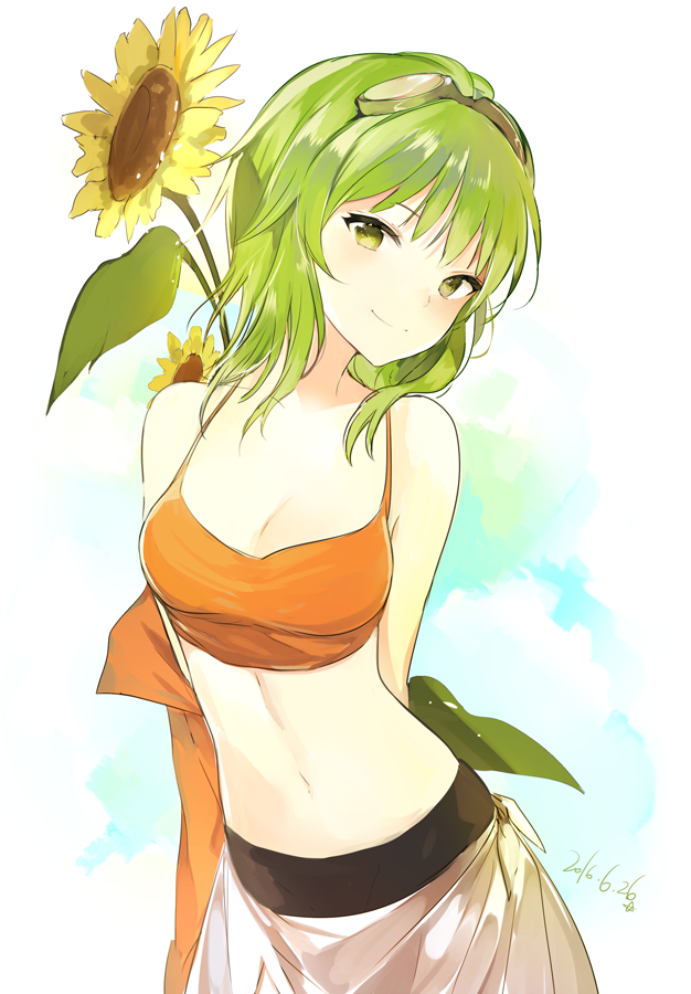1girl arms_behind_back bangs bare_shoulders blush breasts cleavage commentary crop_top flower goggles goggles_on_head green_eyes green_hair gumi looking_at_viewer lp_(hamasa00) lpip medium_breasts midriff navel seductive_smile short_hair simple_background skirt smile solo sunflower vocaloid