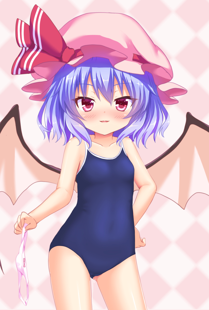 1girl bat_wings blue_hair bow bow_panties competition_school_swimsuit hakuto_(28syuku) hat holding holding_panties mob_cap panties panties_removed pink_panties red_eyes remilia_scarlet school_swimsuit short_hair smile solo standing swimsuit touhou underwear wings