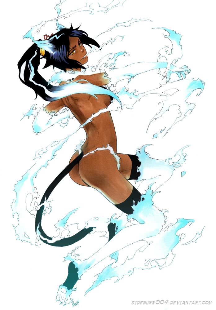 1girl animal_ears ass back black_hair bleach breasts cat_paws cat_tail claws dark_skin elbow_gloves electricity eyeliner feline female gloves gold_eyes light_smile lightning long_hair long_ponytail looking_at_viewer looking_back makeup midair nekomimi open_mouth outstretched_arm paws ponytail seductive_smile shihouin_yoruichi sideboob sideburn004 smile solo tail thigh-highs tied_hair yellow_eyes
