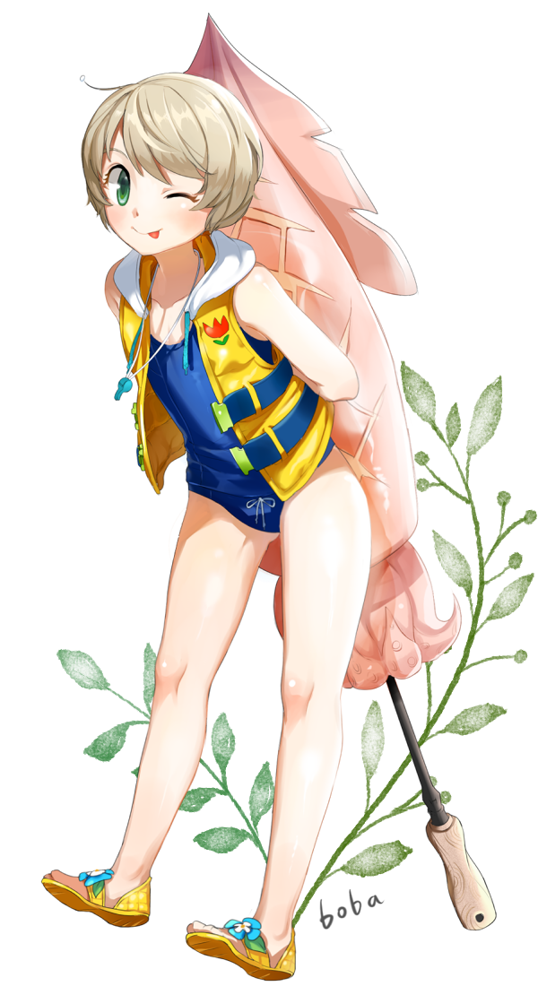 1boy ;p blonde_hair blush boba closers full_body green_eyes grey_hair male_focus mistilteinn_(closers) one-piece_swimsuit one_eye_closed sandals school_swimsuit short_hair solo swimsuit tongue tongue_out trap vest