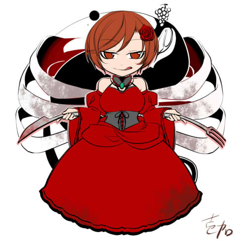 1girl akujiki_musume_conchita_(vocaloid) artist_name blood blood_stain brown_hair chibi choker commentary_request corset cutlery detached_sleeves dress evil_smile evillious_nendaiki flower food fork fruit grapes hair_flower hair_ornament ichi_ka knife licking_lips lowres meiko red_dress red_eyes ribs rose short_hair signature smile stomach tongue tongue_out vocaloid