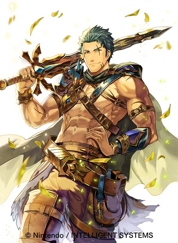 1boy abs bag cape copyright_name dieck fire_emblem fire_emblem:_fuuin_no_tsurugi fire_emblem_cipher green_eyes green_hair leaf male_focus navel official_art scar shirtless simple_background solo sword weapon white_background