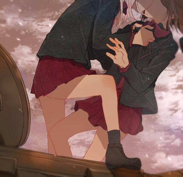 2girls back black_hat black_jacket black_legwear black_shoes brown_hair clothes_grab clouds cloudy_sky collared_shirt garrison_cap girls_und_panzer ground_vehicle hat hat_removed head_out_of_frame headwear_removed implied_kiss itsumi_erika jacket leaning_back light_particles long_hair long_sleeves mikan-uji military military_uniform military_vehicle miniskirt motion_blur motor_vehicle multiple_girls nishizumi_miho outdoors pleated_skirt red_shirt red_skirt shade shirt shoes short_hair silver_hair skirt sky socks standing tank uniform yuri