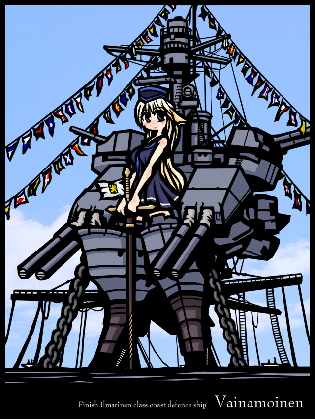 1girl 8touhei black_border blonde_hair blue_eyes border chains character_name dress finnish_naval_jack finnish_navy flag flags_of_all_nations full_body gun hat lipstick long_hair makeup mecha_musume naval_flag necktie no_nose original partially_submerged personification sailor_dress sailor_hat ship smile solo standing sword turret uniform vainamoinen_(ship) water watercraft weapon